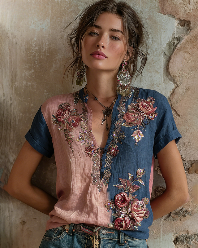 Women's Spring Elegant Floral Embroidery Color-Blocked Linen Short-Sleeve Top 5211