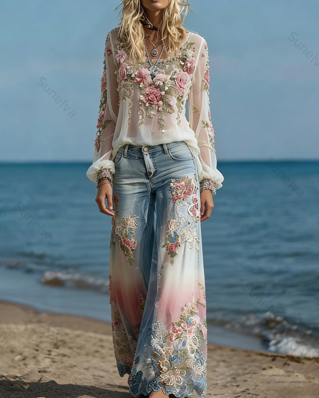 Women's Spring Resort Floral Embroidered Top & Pants Two-Piece Set4752