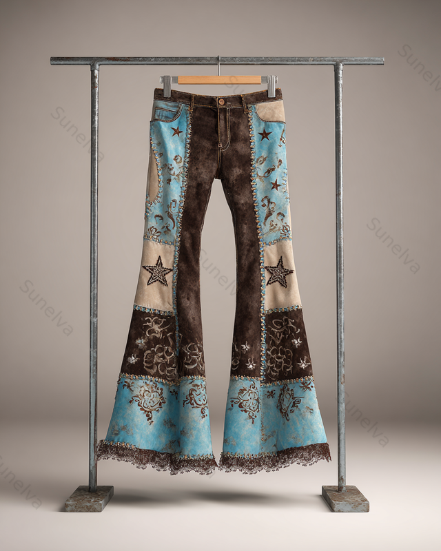 Spring/Summer Color Block Denim Linen Flared Pants5309