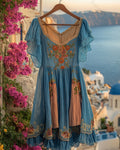 Women's Summer Flowers Embroidery Irregular Ruffle Linen Patchwork Blouse 8044