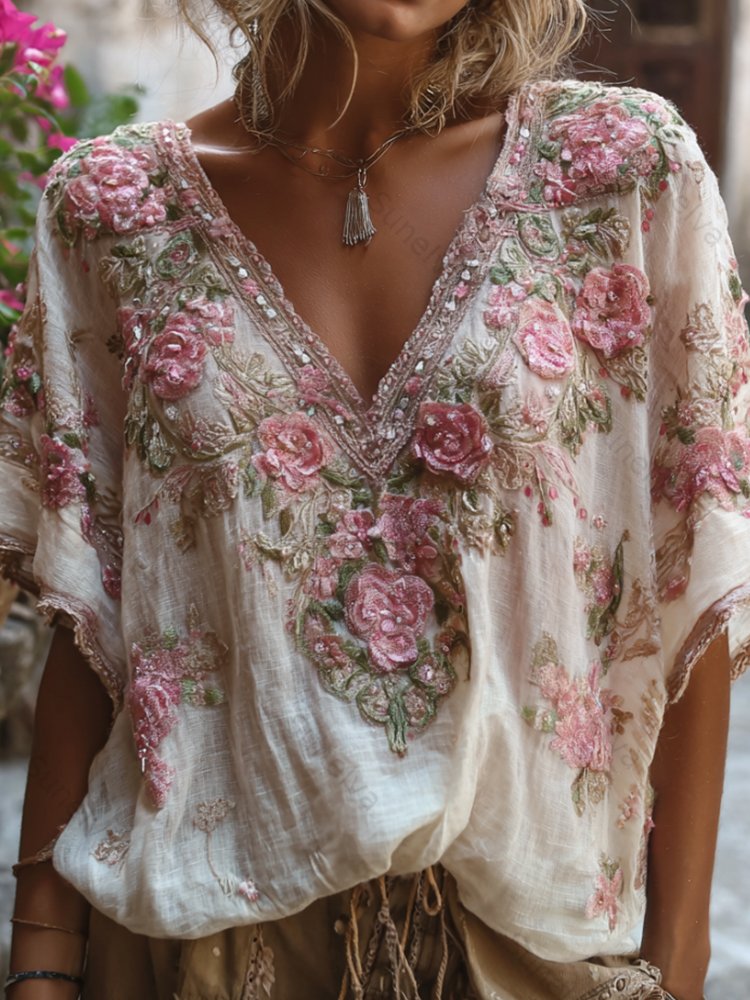 Bohemian-style Pink Floral Embroidery V-neck Short-sleeved Shirt With Sequins 5a92
