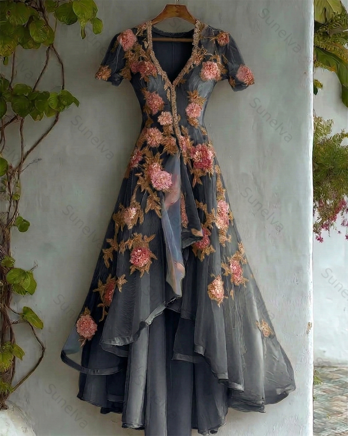 Women's Retro Elegant Gradient Flowers Irregular Ruffle Linen Dress