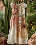 Women's Elegant Flowers Lace Patchwork Ruffle Linen Dress 4194