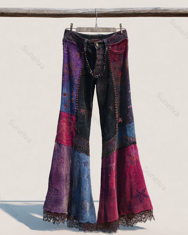 Spring/Summer Color Block Denim Linen Flared Pants9588
