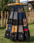 Spring/Summer Color Block Denim Cotton Linen Embroidered Midi Skirt6047