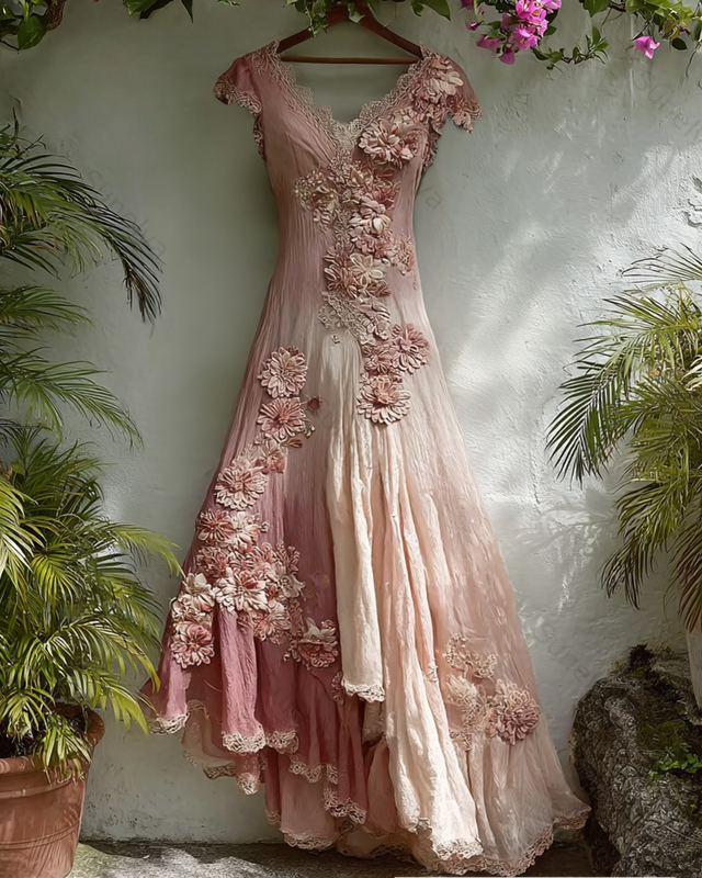 Women's Elegant Gradient Flowers Irregular Ruffle Linen Dress 1889