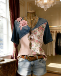 Women's Summer Contrast Color Patchwork Short-Sleeve V-Neck Blouse 4063