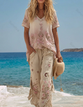 Women's Resort Style Floral Embroidered Linen Top & Pants Two-Piece Set  8398