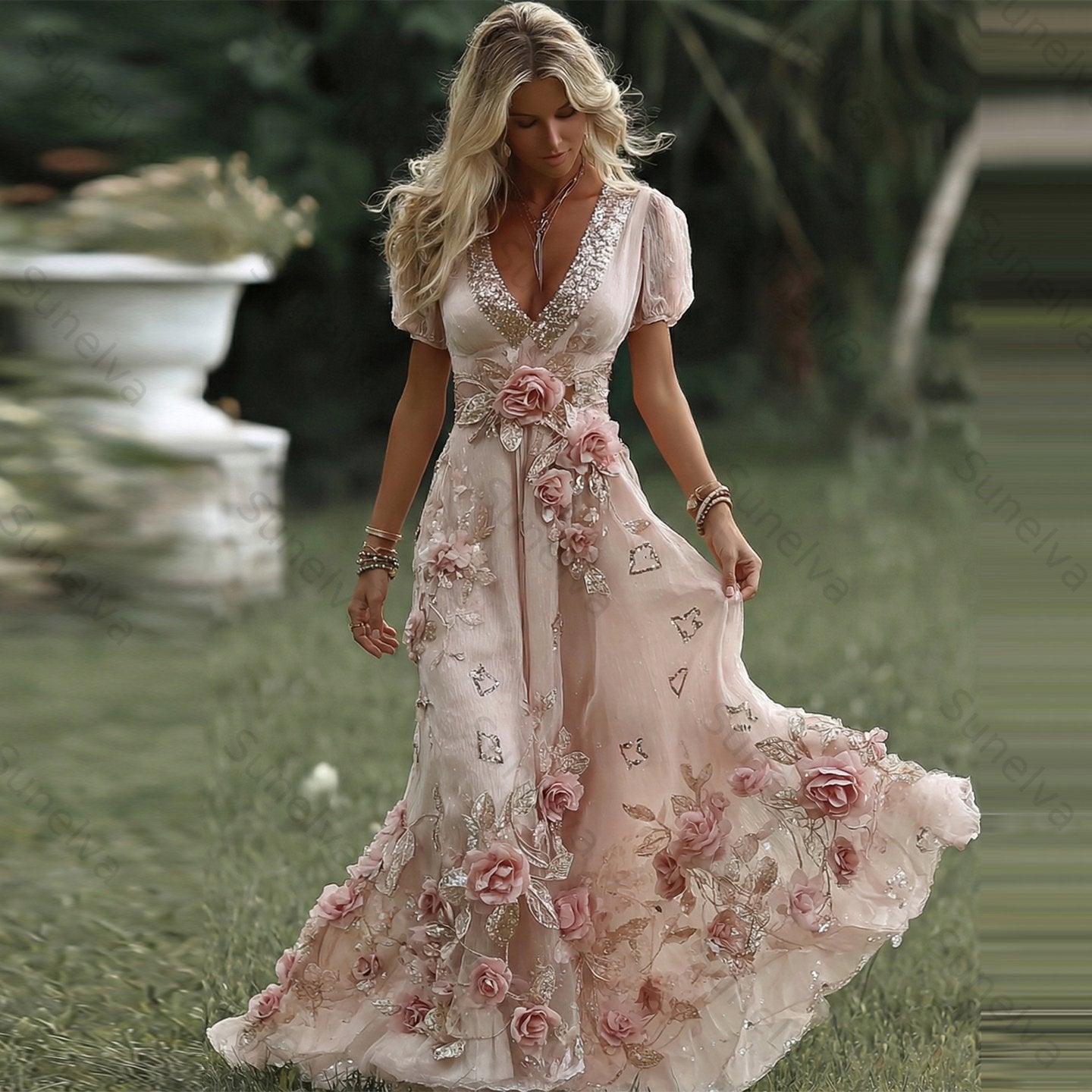 Women's Vintage Pink Rose Embroidered Art Pattern V-neck Short Sleeve Midi Dress 3c98